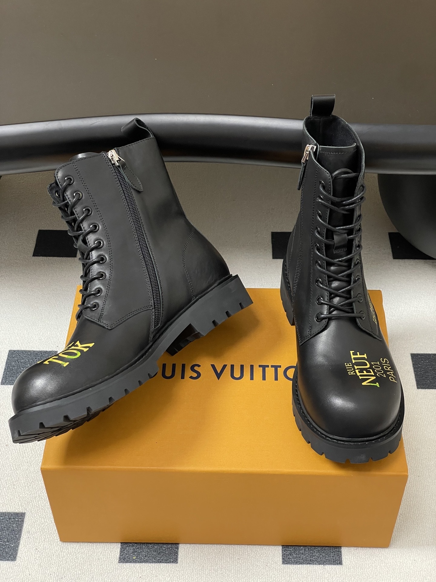 Men's Black Leather Combat Boots - Gold Logo & Studded Details