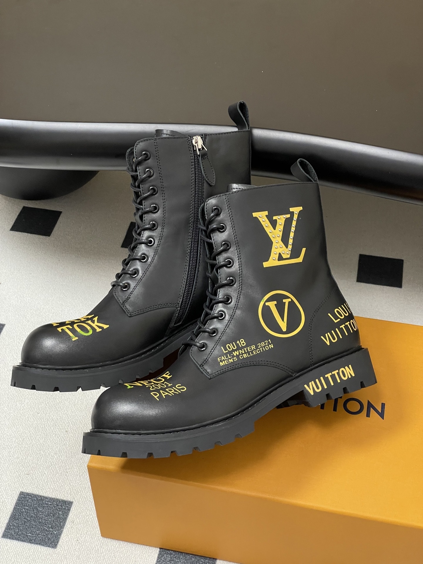 Men's Black Leather Combat Boots - Gold Logo & Studded Details