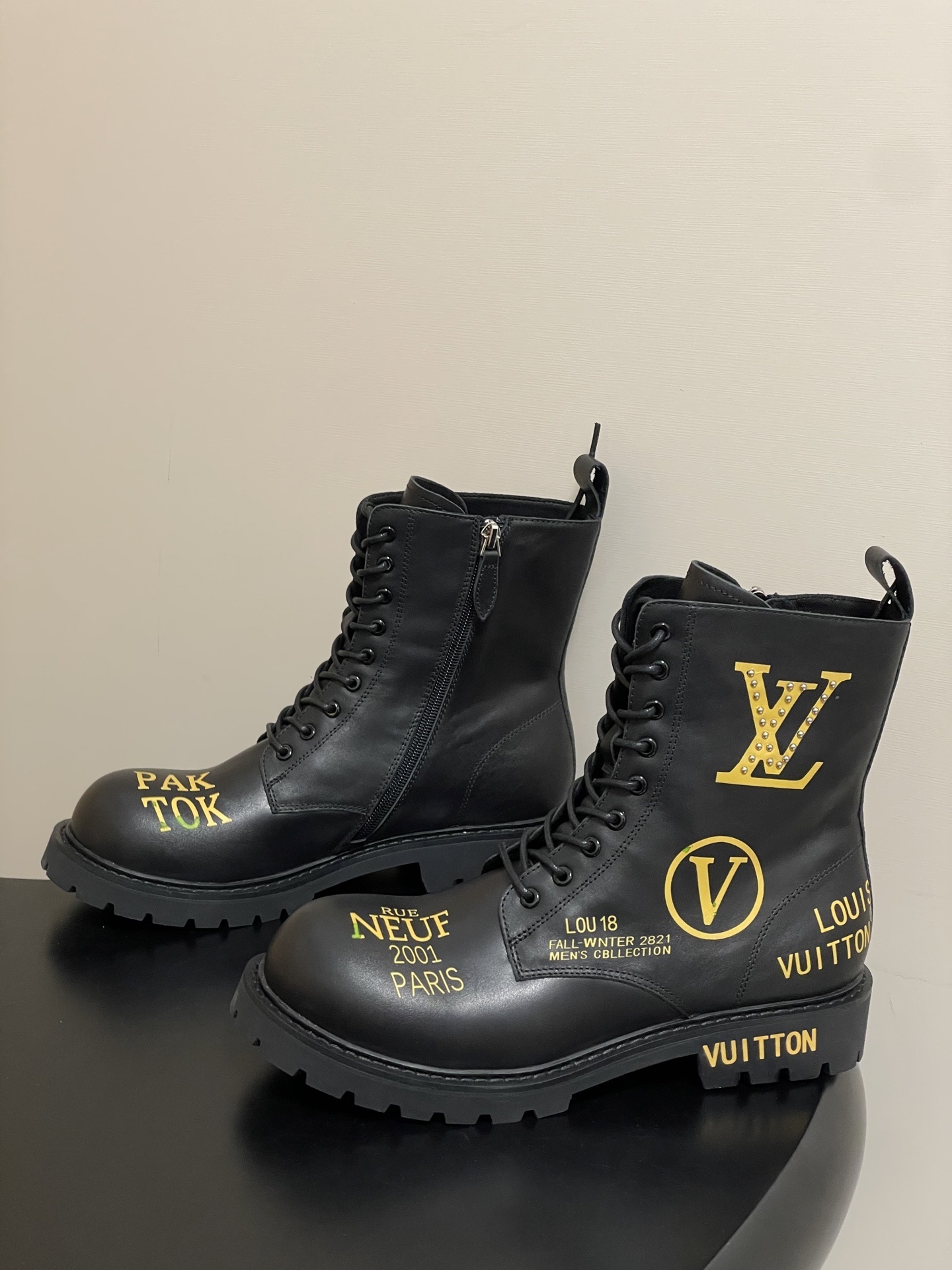 Men's Black Leather Combat Boots - Gold Logo & Studded Details