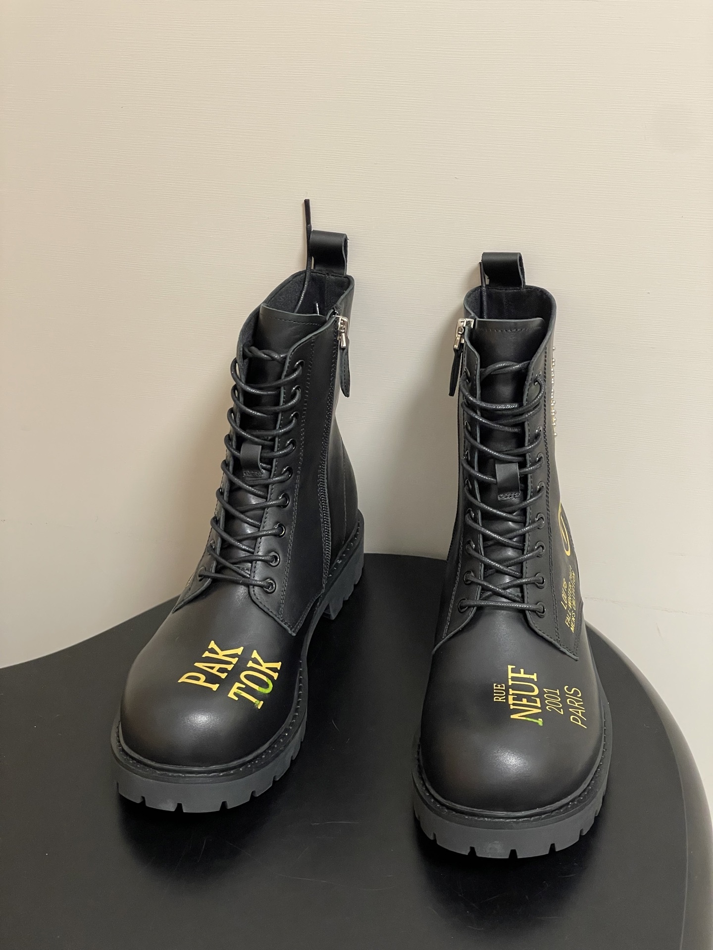 Men's Black Leather Combat Boots - Gold Logo & Studded Details