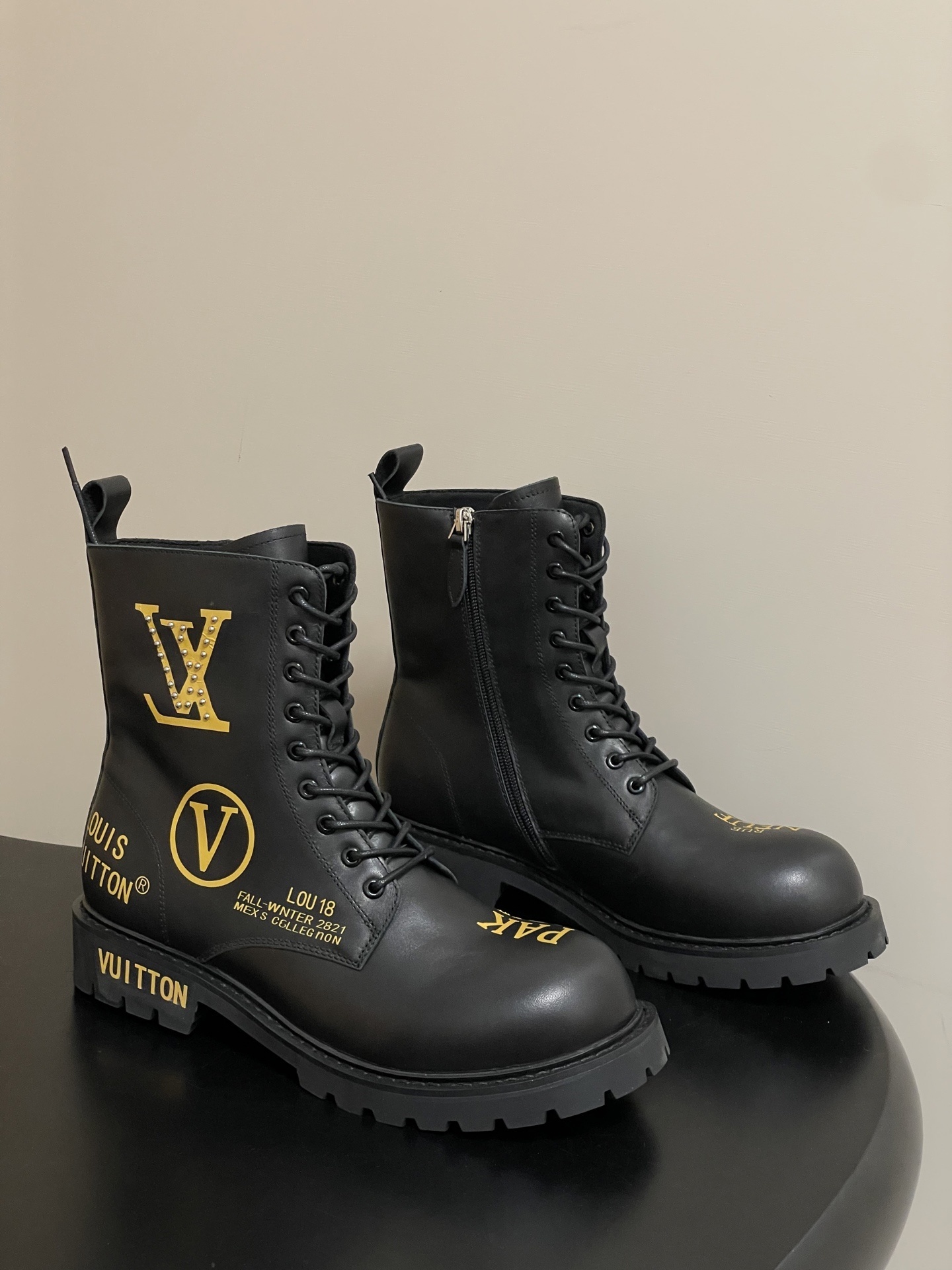 Men’s Black Leather Combat Boots – Gold Logo & Studded Details