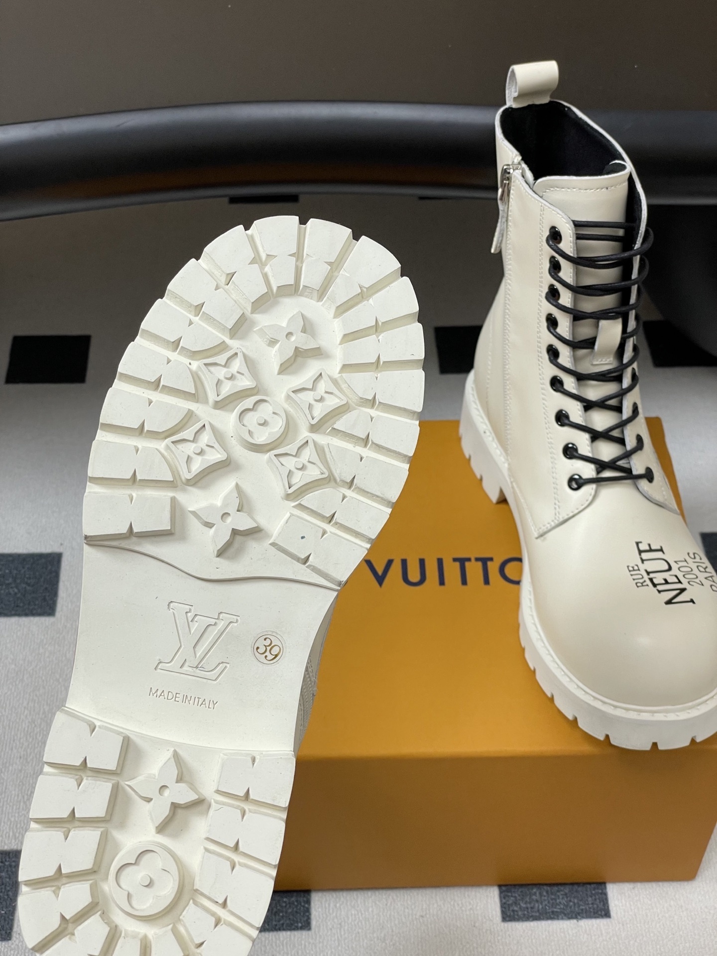 Luxury White Designer Combat Boots - LV Style Chunky Ankle Boots