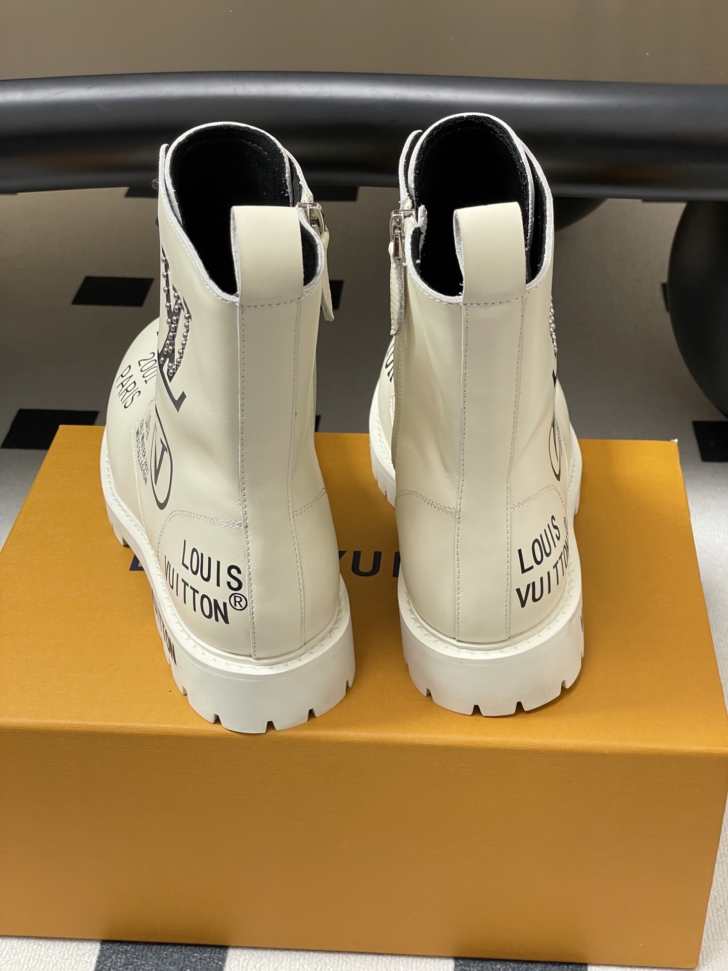 Luxury White Designer Combat Boots - LV Style Chunky Ankle Boots