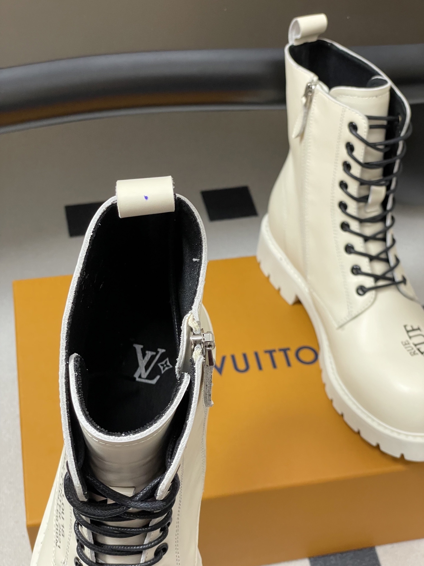 Luxury White Designer Combat Boots - LV Style Chunky Ankle Boots
