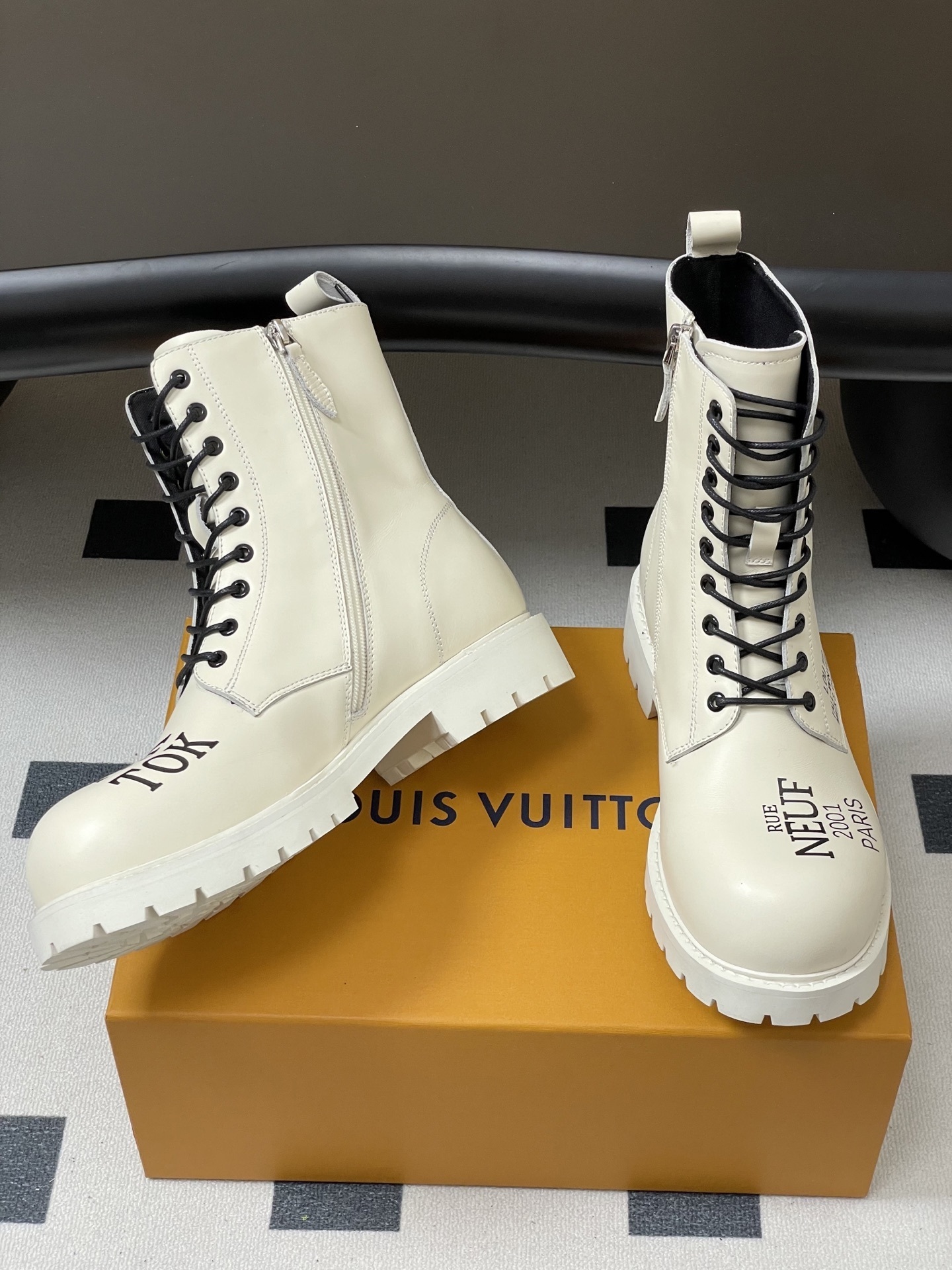 Luxury White Designer Combat Boots - LV Style Chunky Ankle Boots