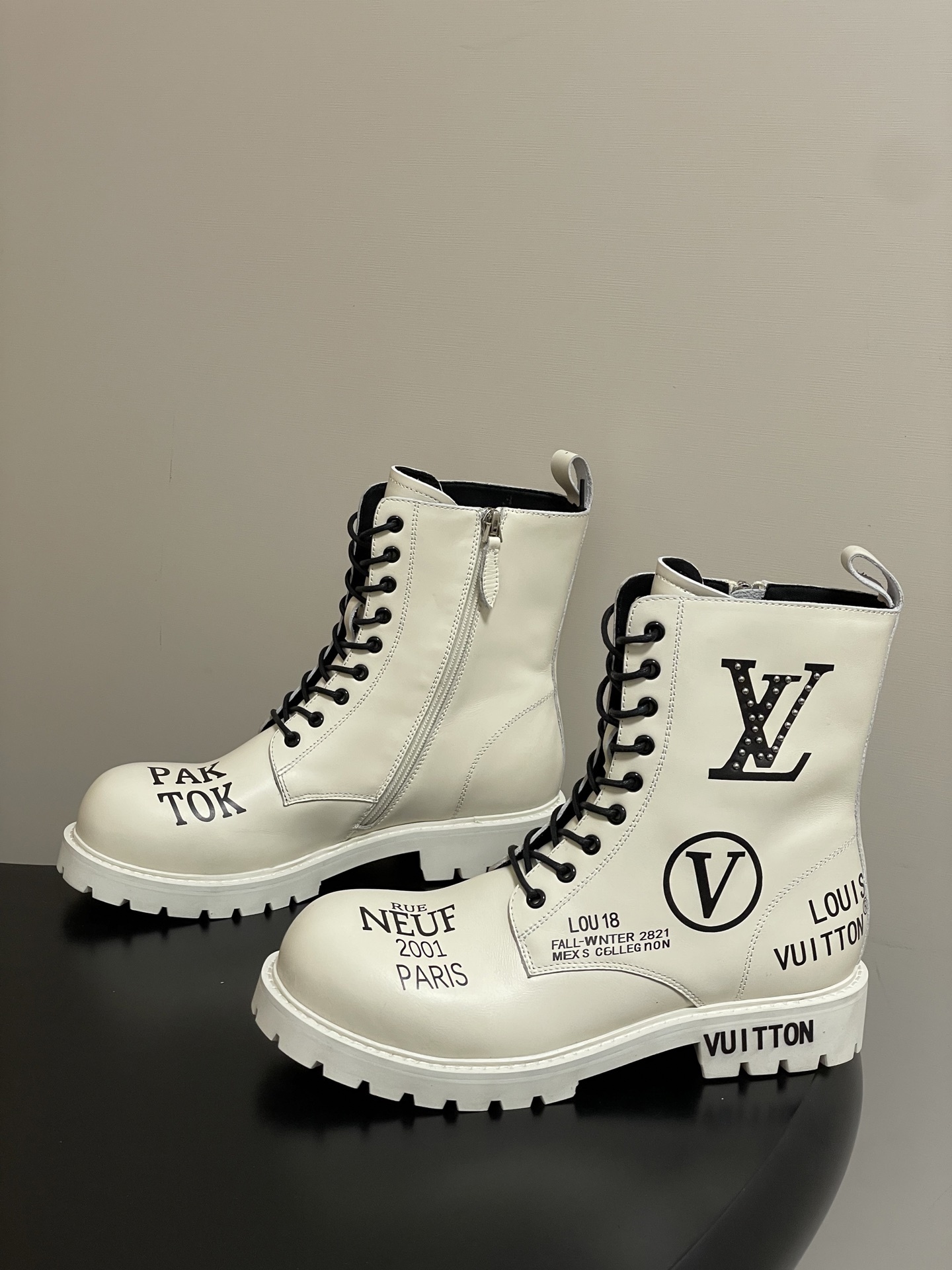 Luxury White Designer Combat Boots - LV Style Chunky Ankle Boots