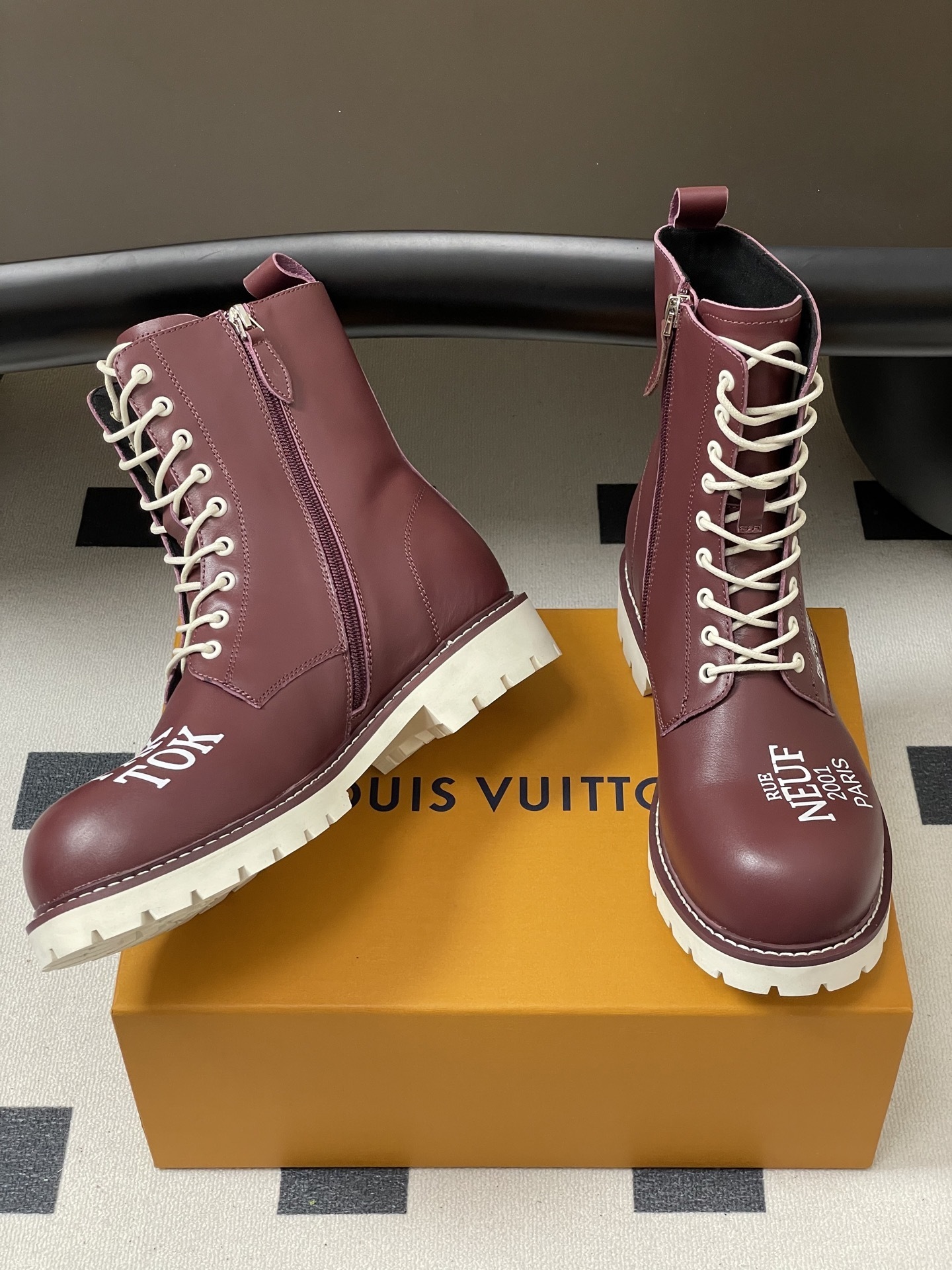 Louis Vuitton Burgundy Leather Combat Boots for Men - FW21 Style