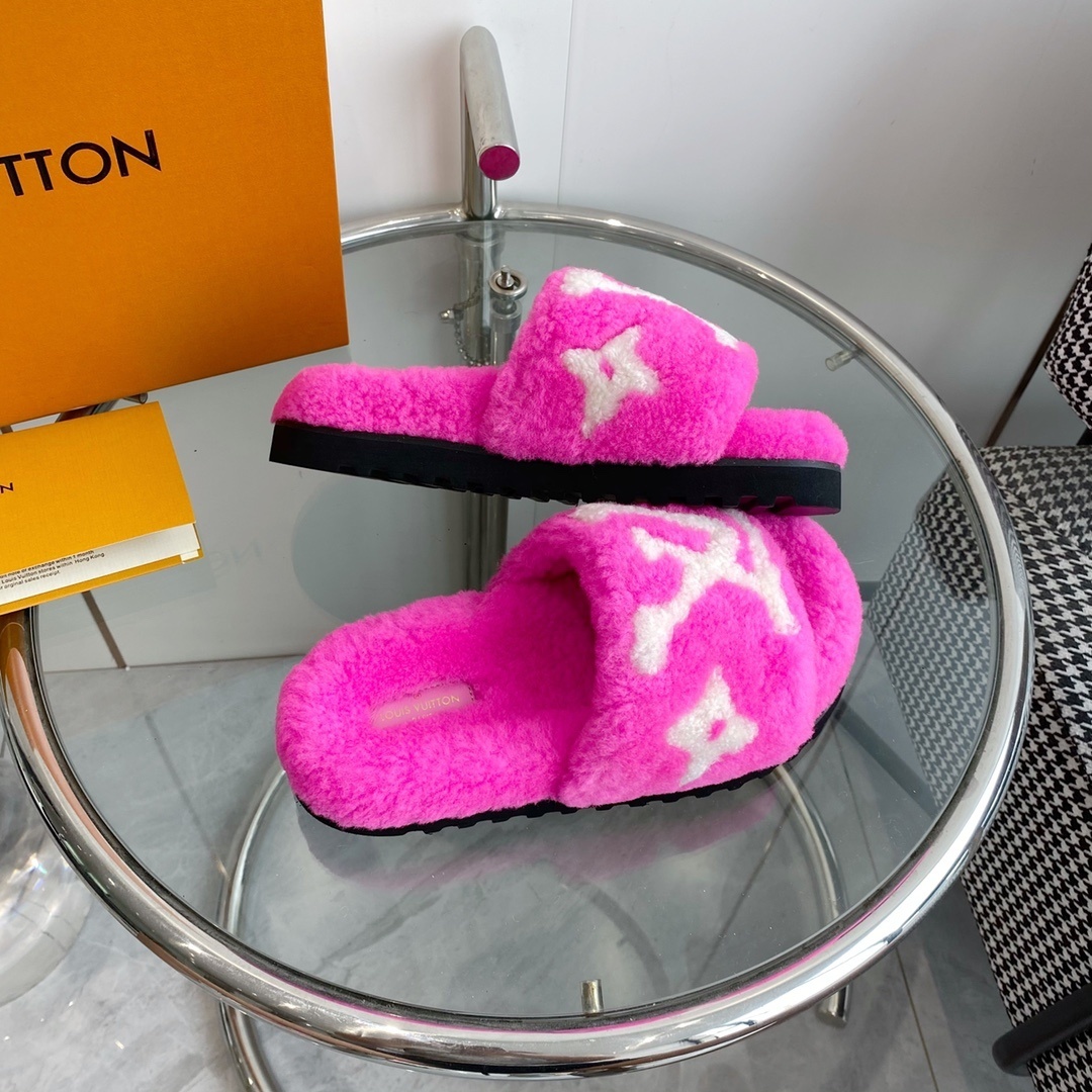 Louis Vuitton Pink Fuzzy Slippers - Luxury Shearling Mule Slides