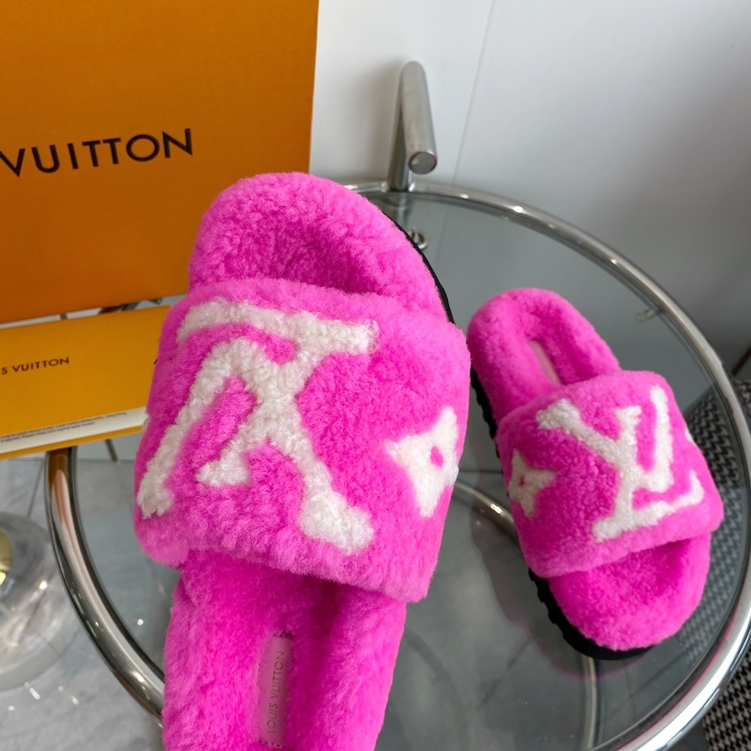 Louis Vuitton Pink Fuzzy Slippers - Luxury Shearling Mule Slides