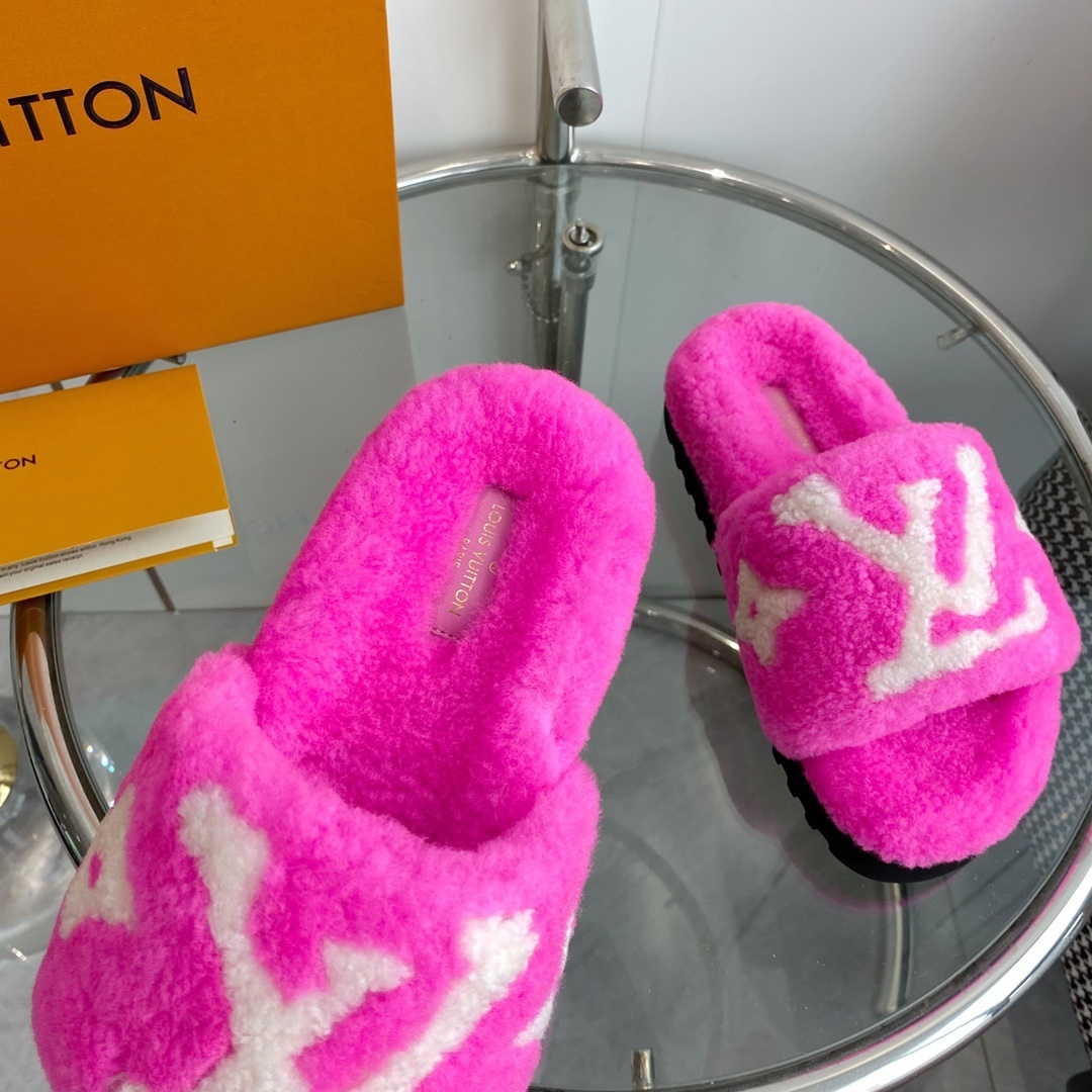 Louis Vuitton Pink Fuzzy Slippers - Luxury Shearling Mule Slides