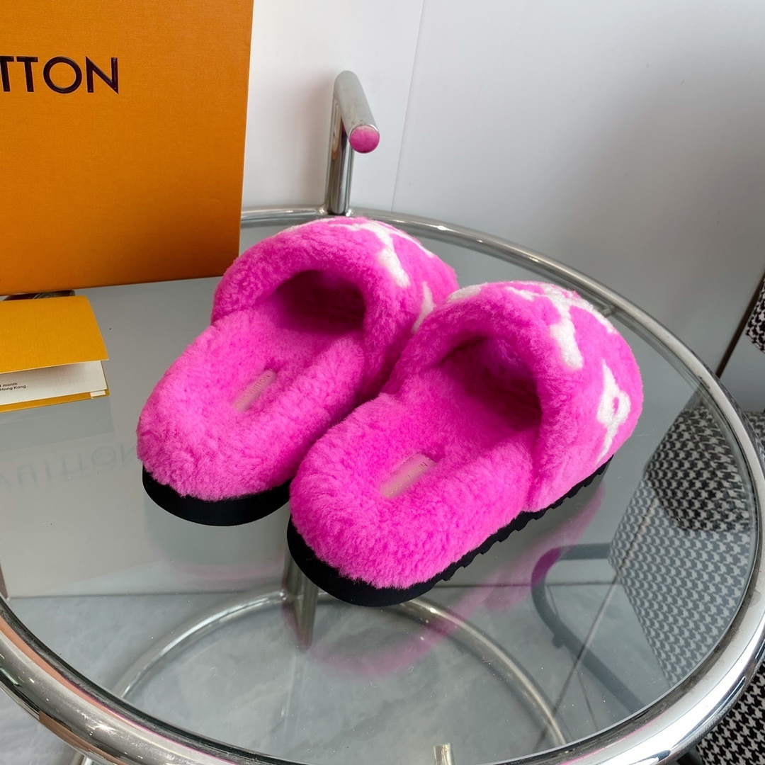 Louis Vuitton Pink Fuzzy Slippers - Luxury Shearling Mule Slides