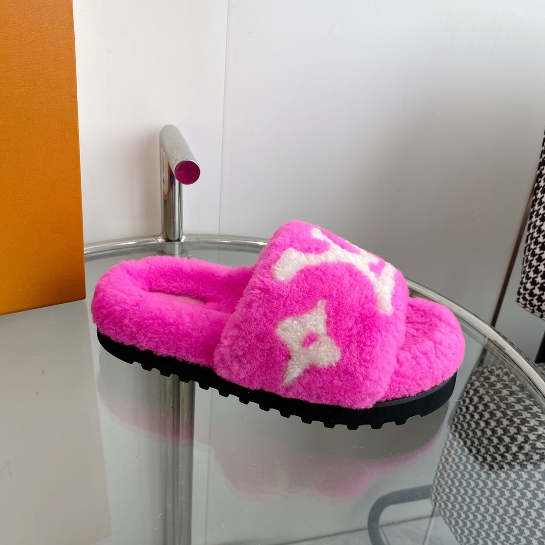 Louis Vuitton Pink Fuzzy Slippers - Luxury Shearling Mule Slides