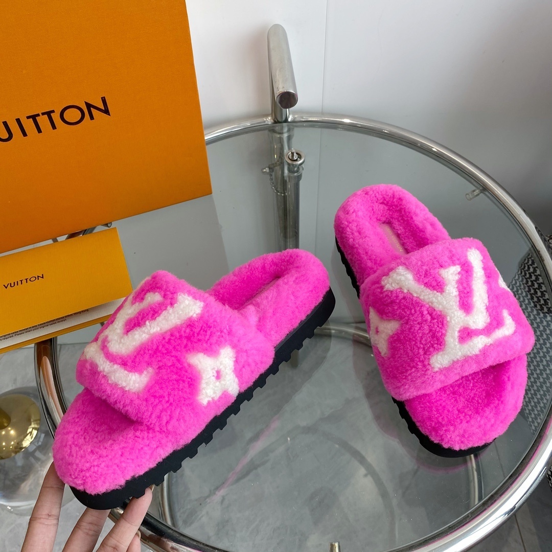 Louis Vuitton Pink Fuzzy Slippers - Luxury Shearling Mule Slides