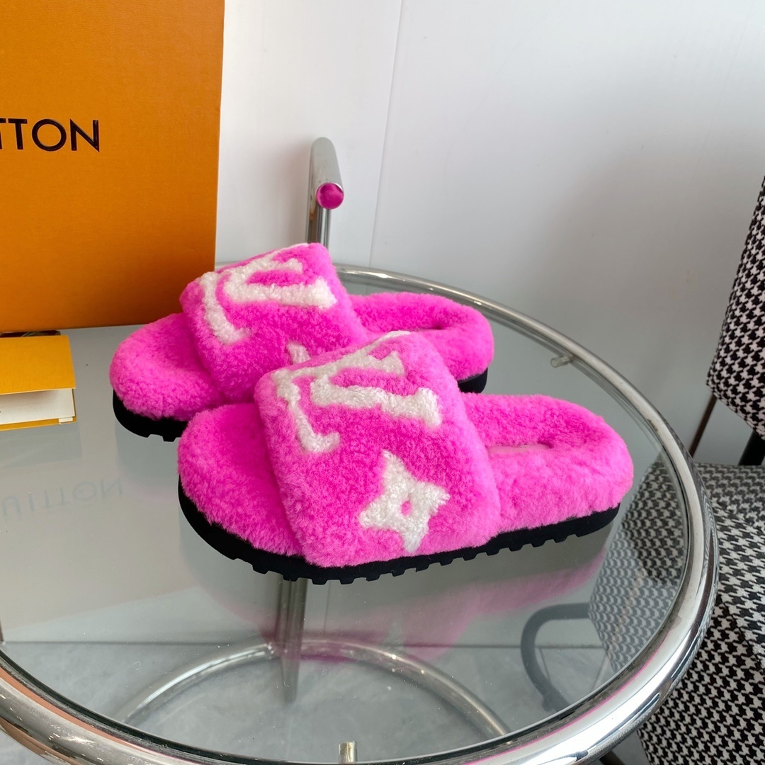 Louis Vuitton Pink Fuzzy Slippers - Luxury Shearling Mule Slides