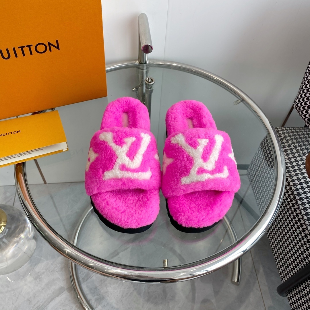 Louis Vuitton Pink Fuzzy Slippers – Luxury Shearling Mule Slides