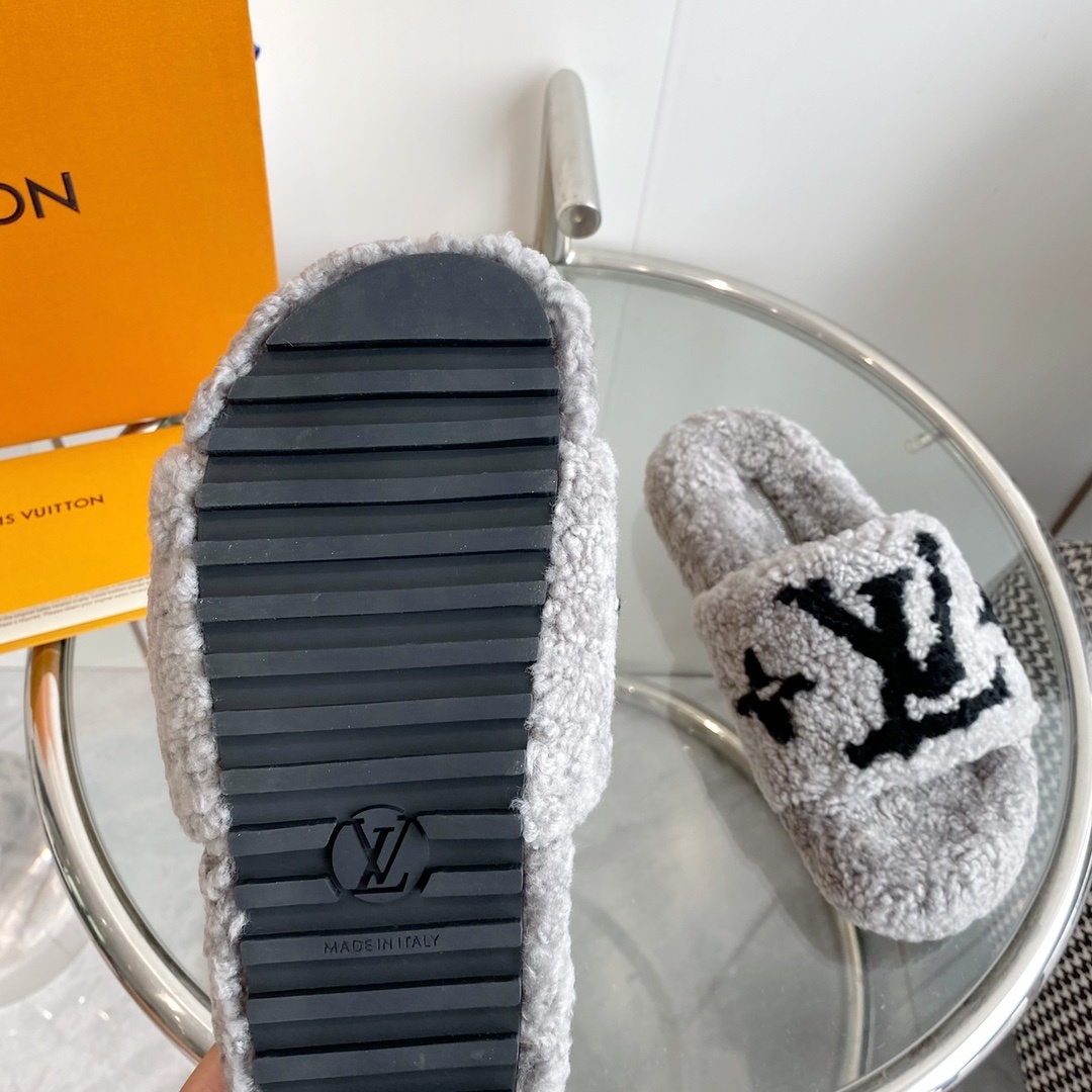 Louis Vuitton Grey Shearling Slides Luxury Fuzzy LV Slippers