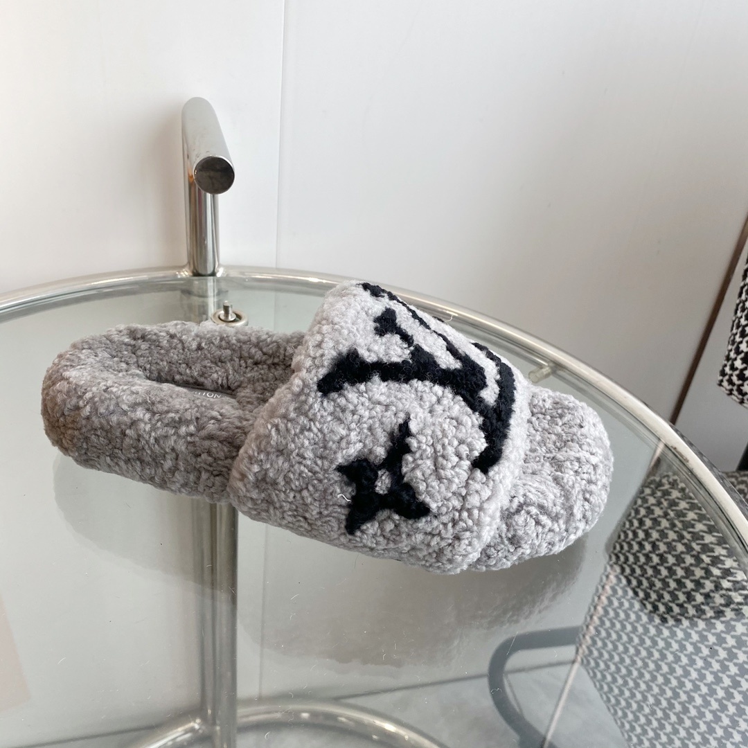 Louis Vuitton Grey Shearling Slides Luxury Fuzzy LV Slippers