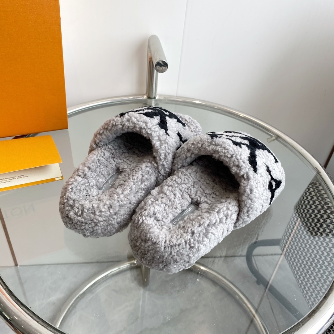 Louis Vuitton Grey Shearling Slides Luxury Fuzzy LV Slippers