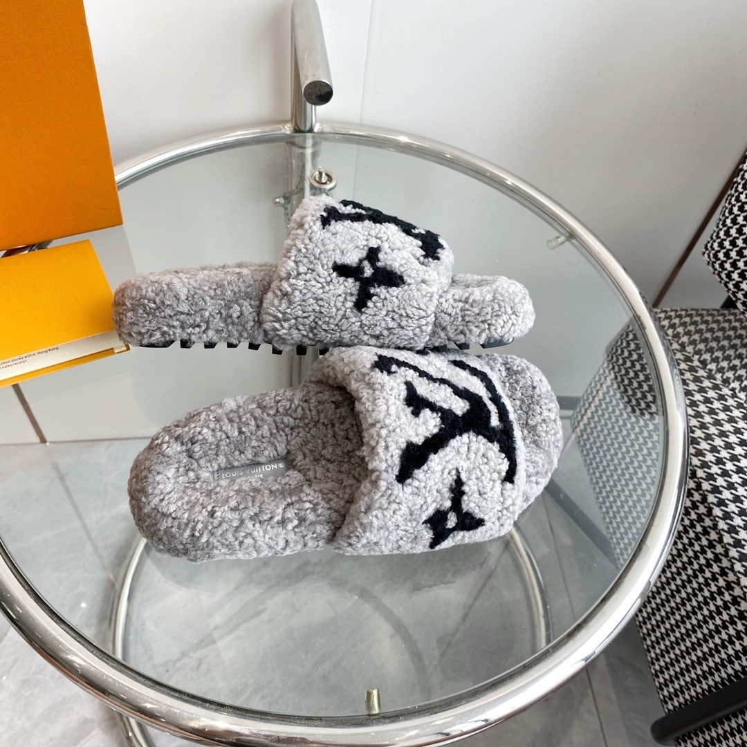 Louis Vuitton Grey Shearling Slides Luxury Fuzzy LV Slippers