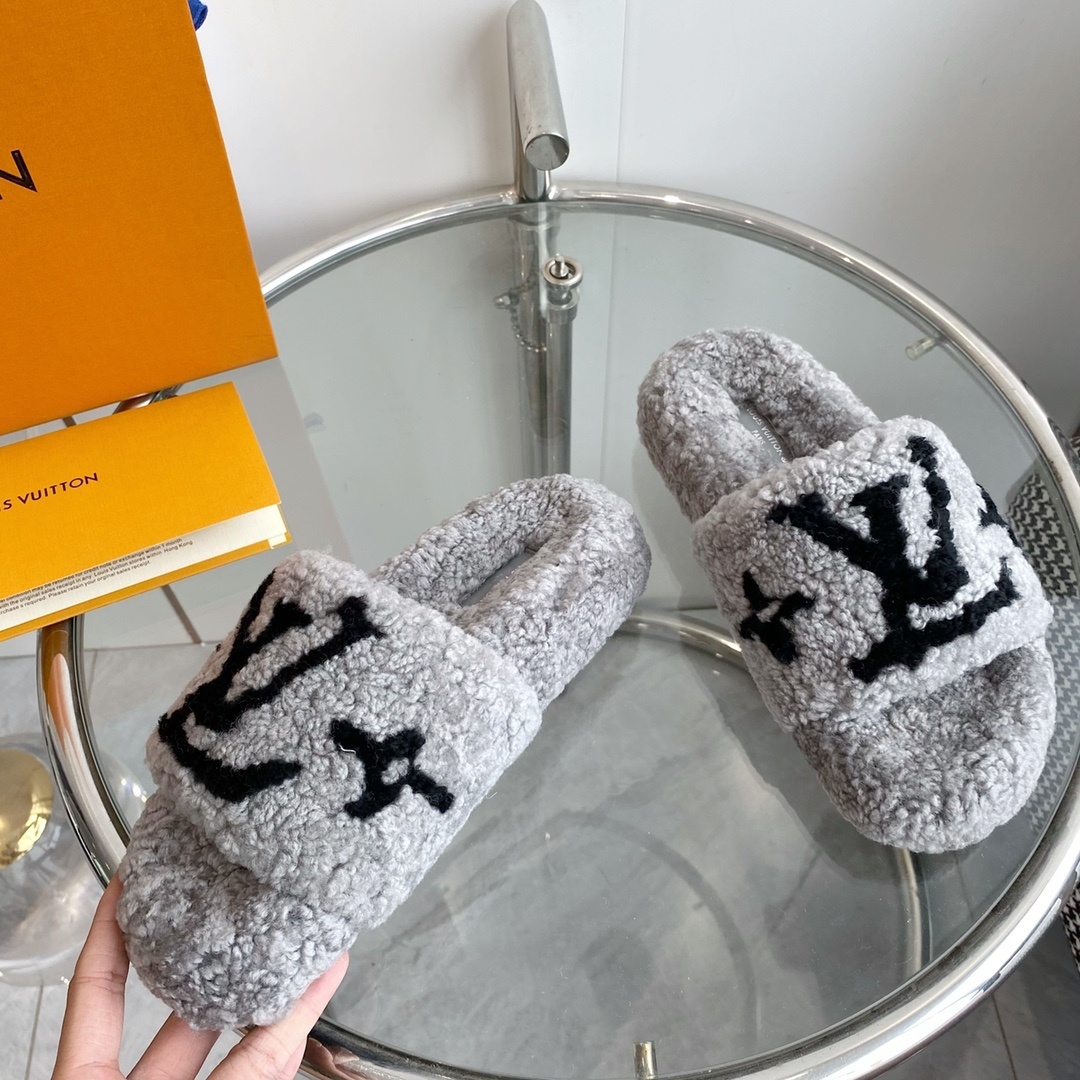 Louis Vuitton Grey Shearling Slides Luxury Fuzzy LV Slippers