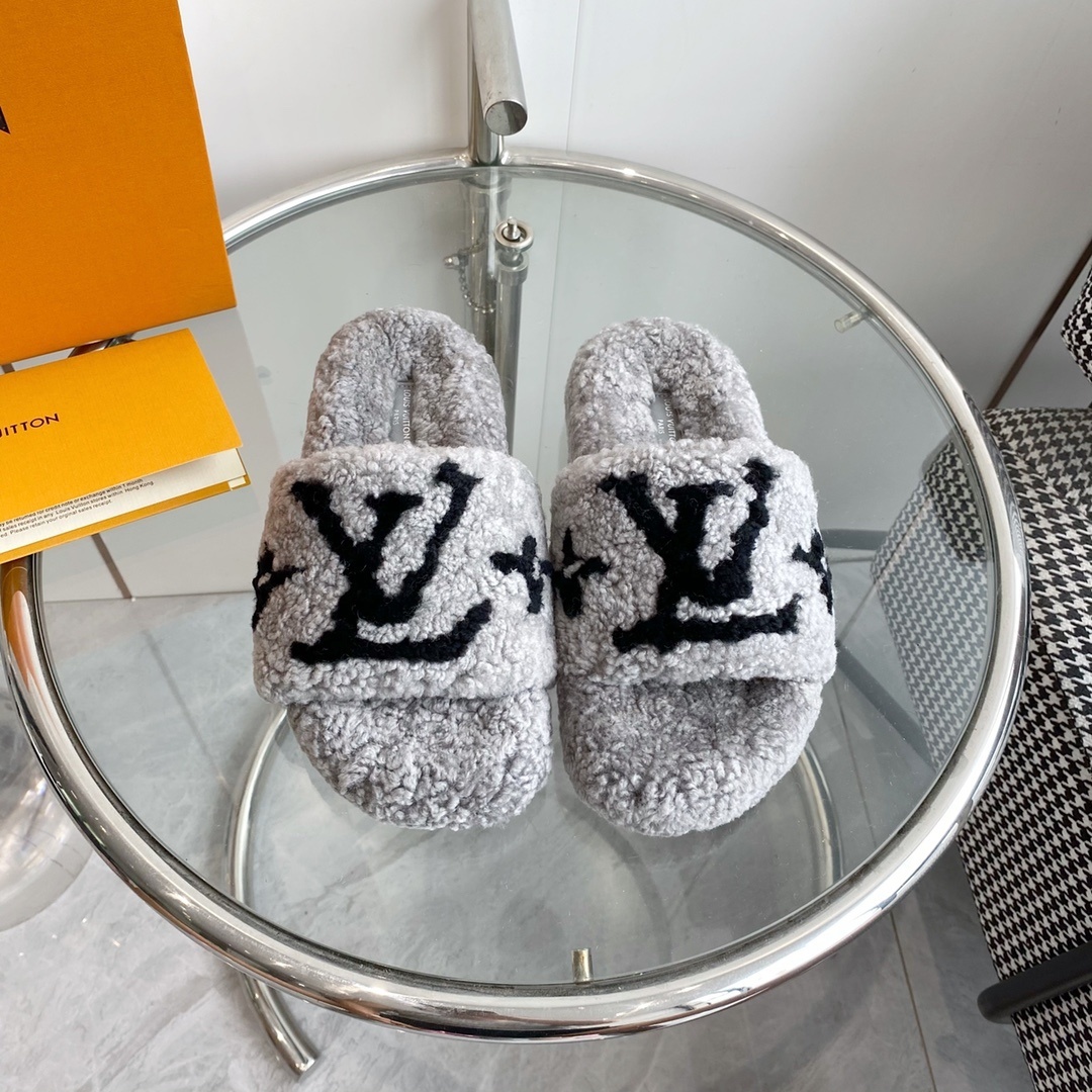 Louis Vuitton Grey Shearling Slides Luxury Fuzzy LV Slippers