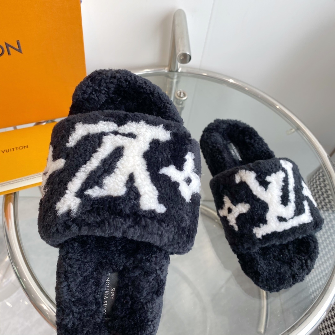 Louis Vuitton Black Shearling Slides - Luxury Fluffy Monogram Slippers
