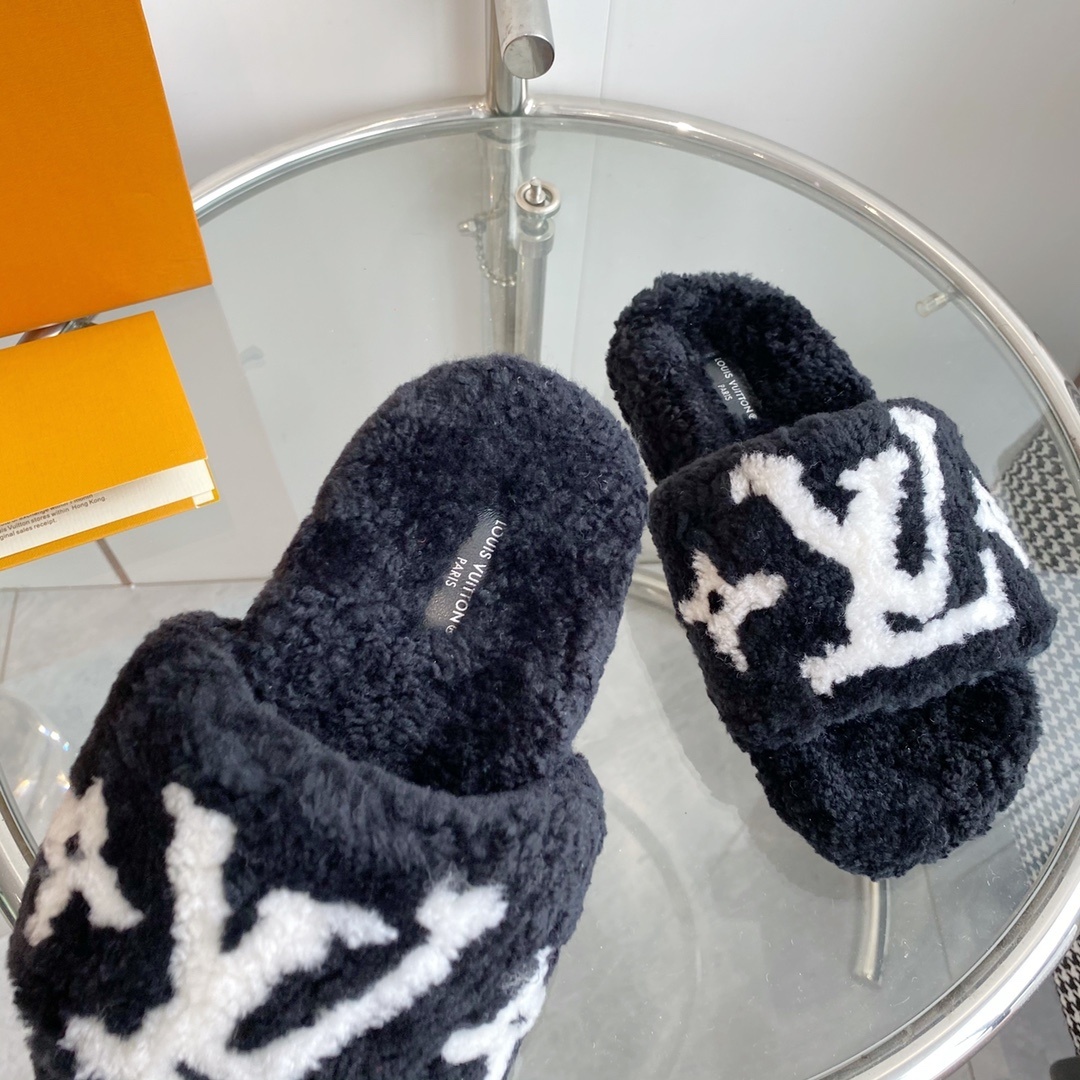 Louis Vuitton Black Shearling Slides - Luxury Fluffy Monogram Slippers