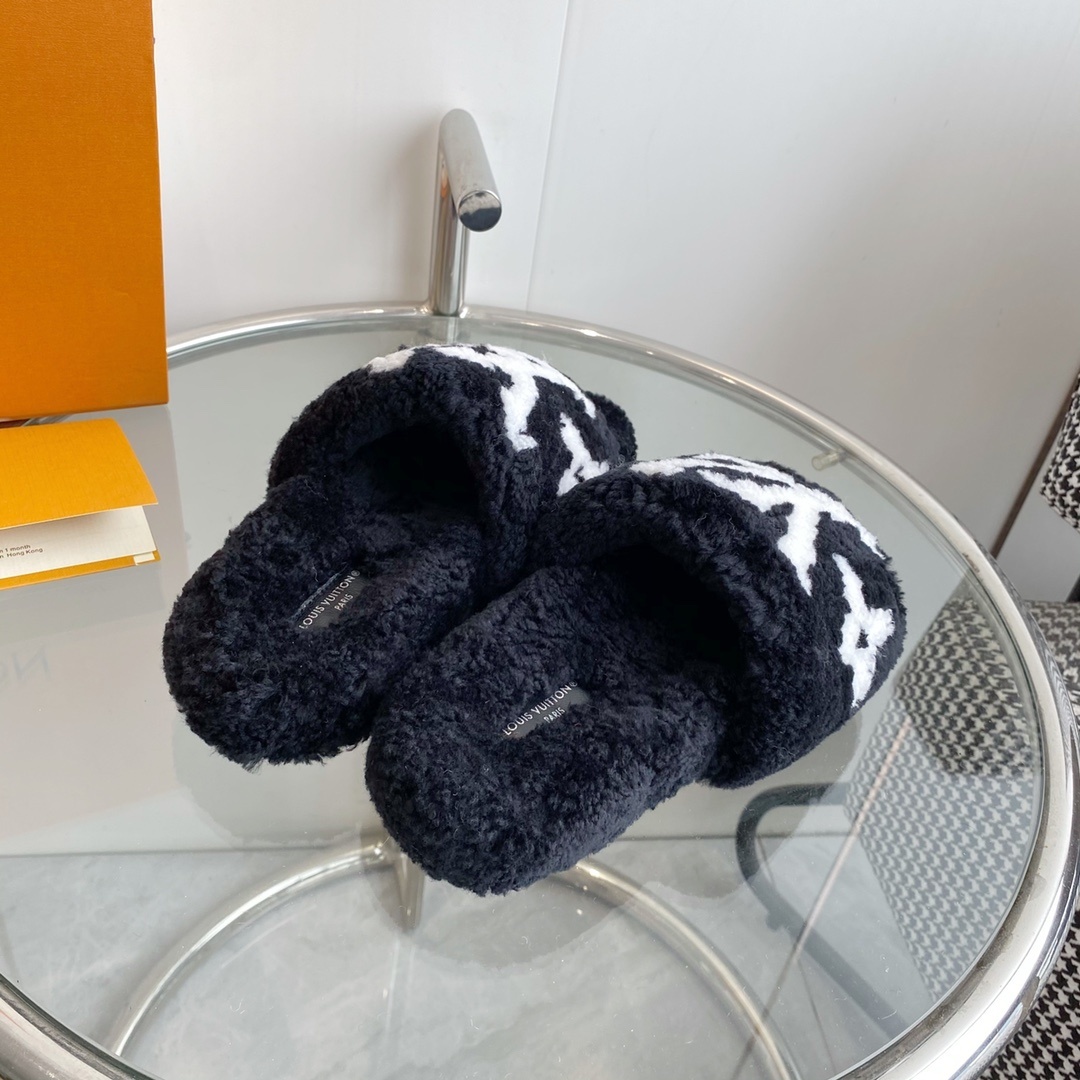 Louis Vuitton Black Shearling Slides - Luxury Fluffy Monogram Slippers