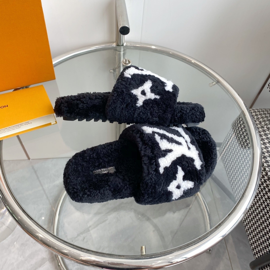 Louis Vuitton Black Shearling Slides - Luxury Fluffy Monogram Slippers