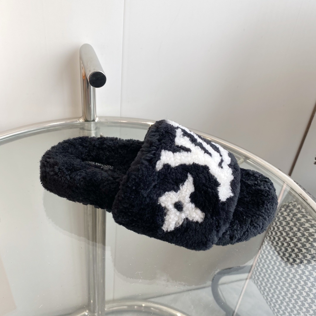 Louis Vuitton Black Shearling Slides - Luxury Fluffy Monogram Slippers