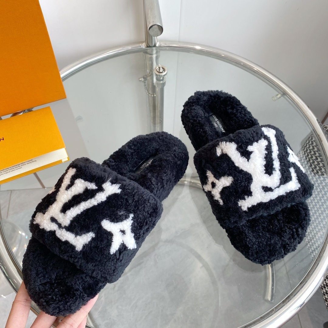 Louis Vuitton Black Shearling Slides - Luxury Fluffy Monogram Slippers