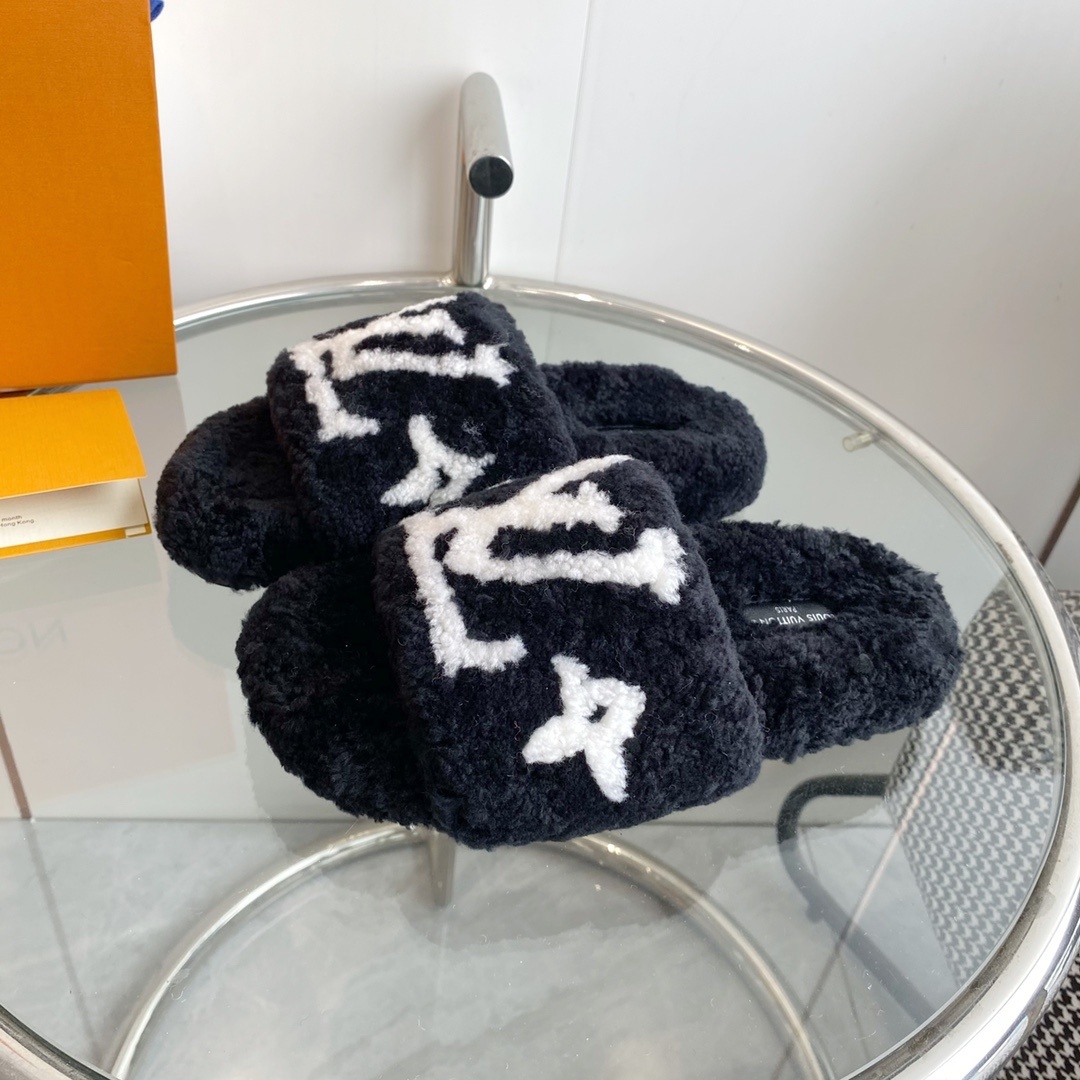 Louis Vuitton Black Shearling Slides - Luxury Fluffy Monogram Slippers