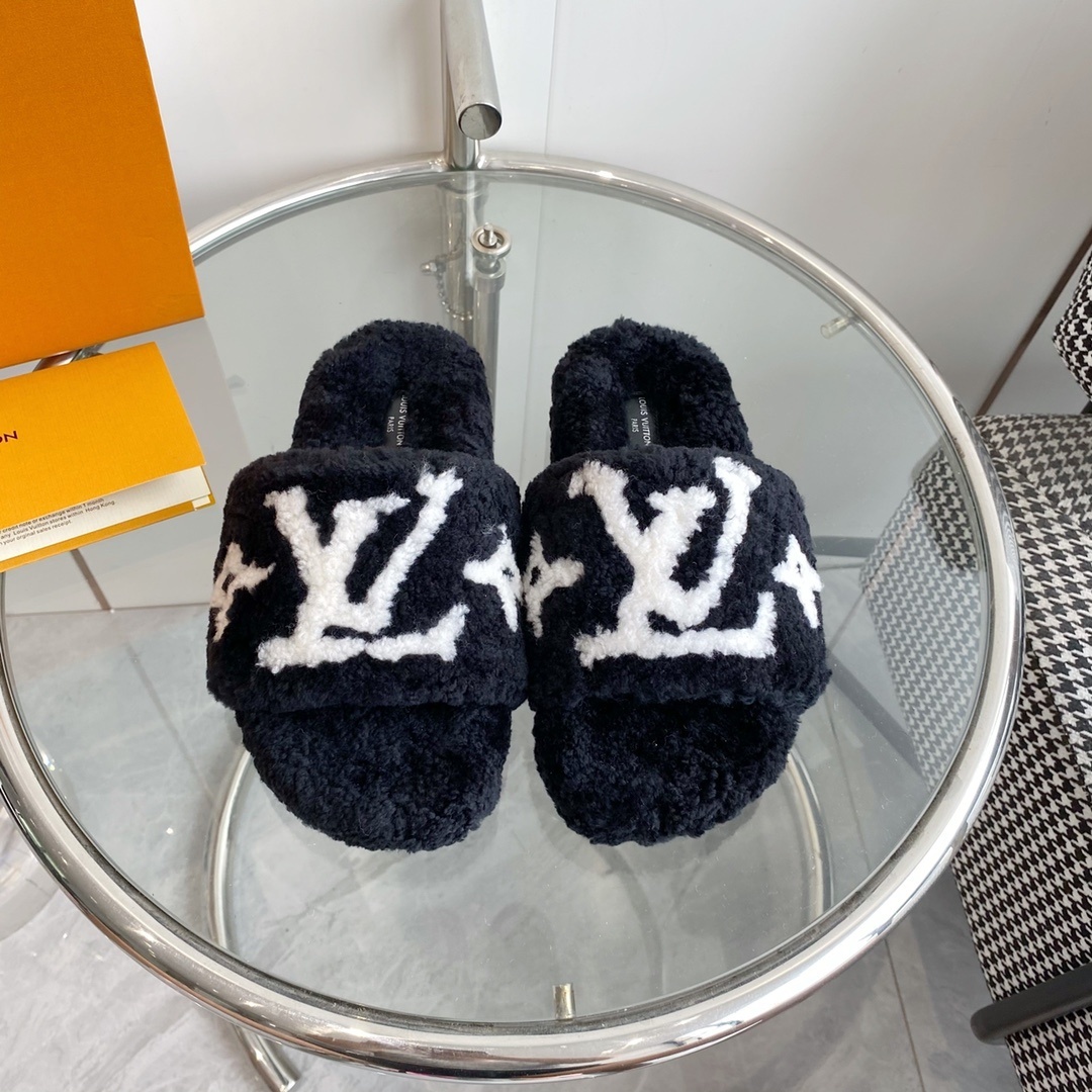 Louis Vuitton Black Shearling Slides – Luxury Fluffy Monogram Slippers