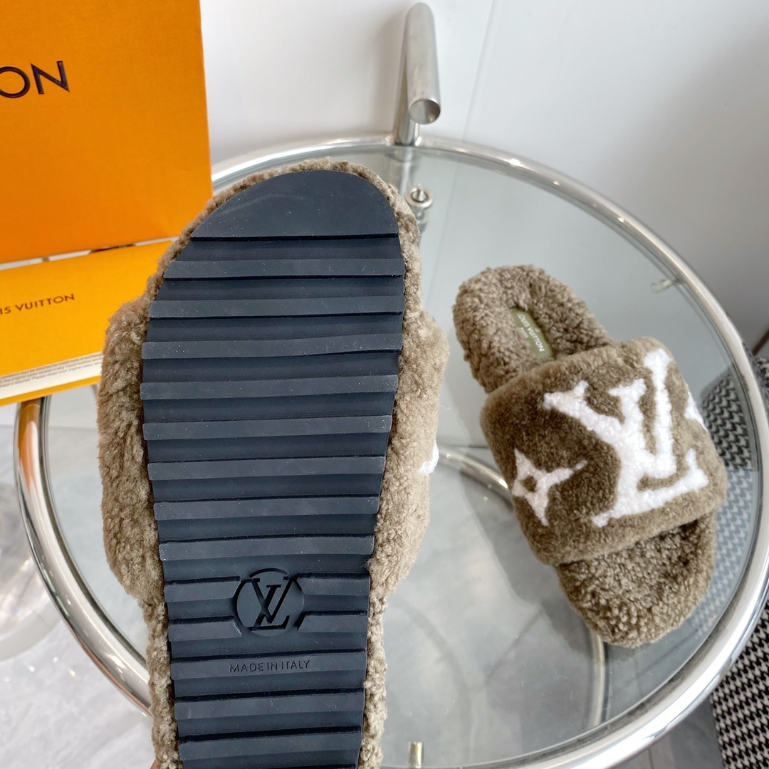 Louis Vuitton Brown Shearling Monogram Slides - Luxury Comfort Mules