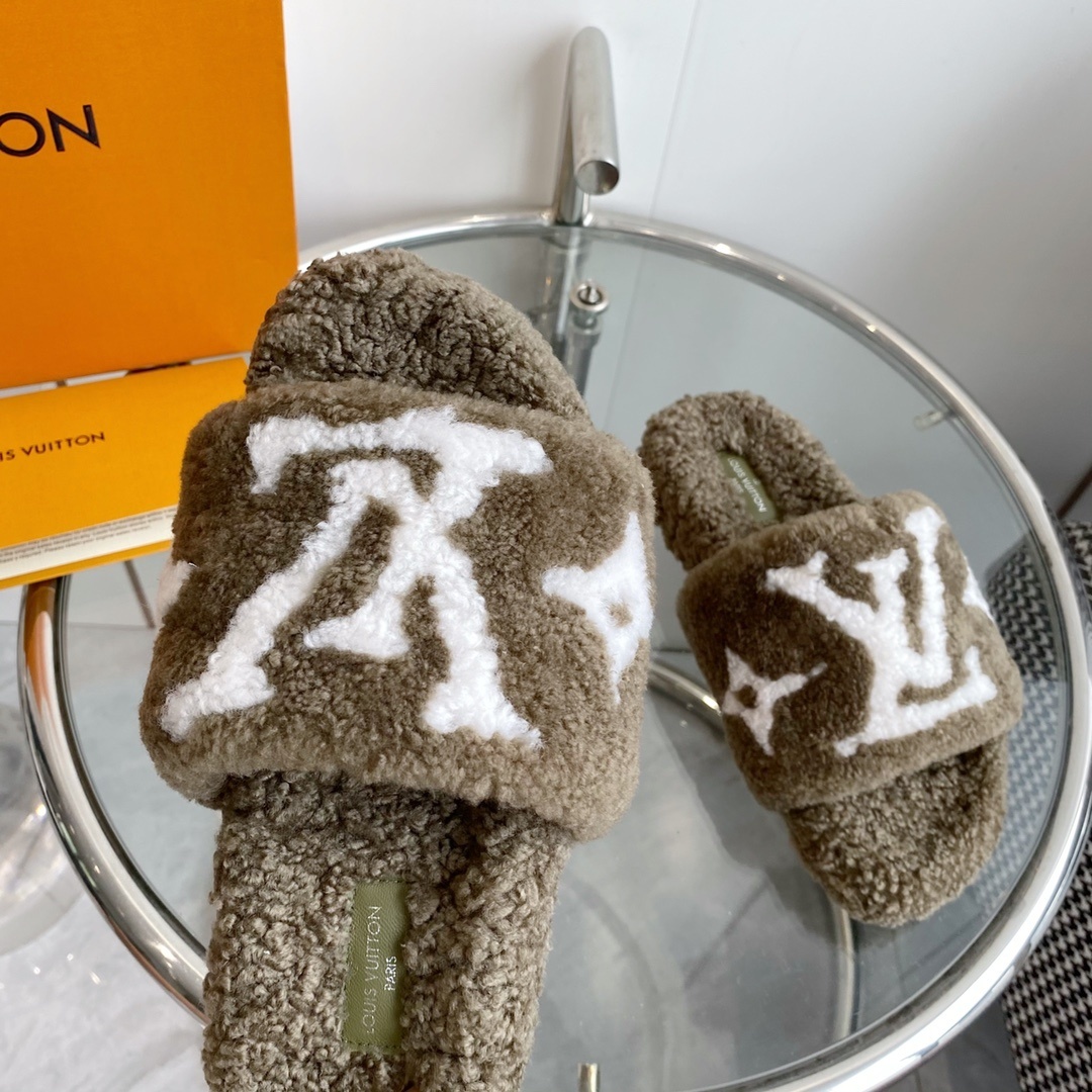 Louis Vuitton Brown Shearling Monogram Slides - Luxury Comfort Mules