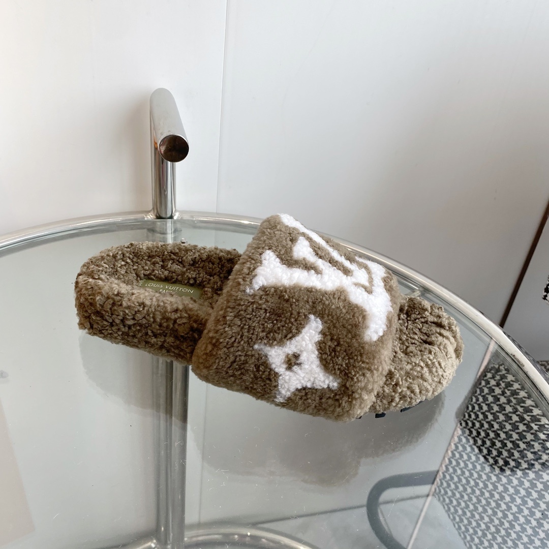Louis Vuitton Brown Shearling Monogram Slides - Luxury Comfort Mules