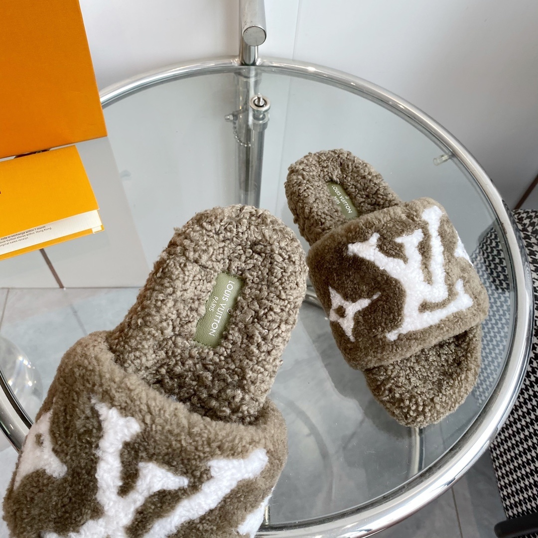 Louis Vuitton Brown Shearling Monogram Slides - Luxury Comfort Mules