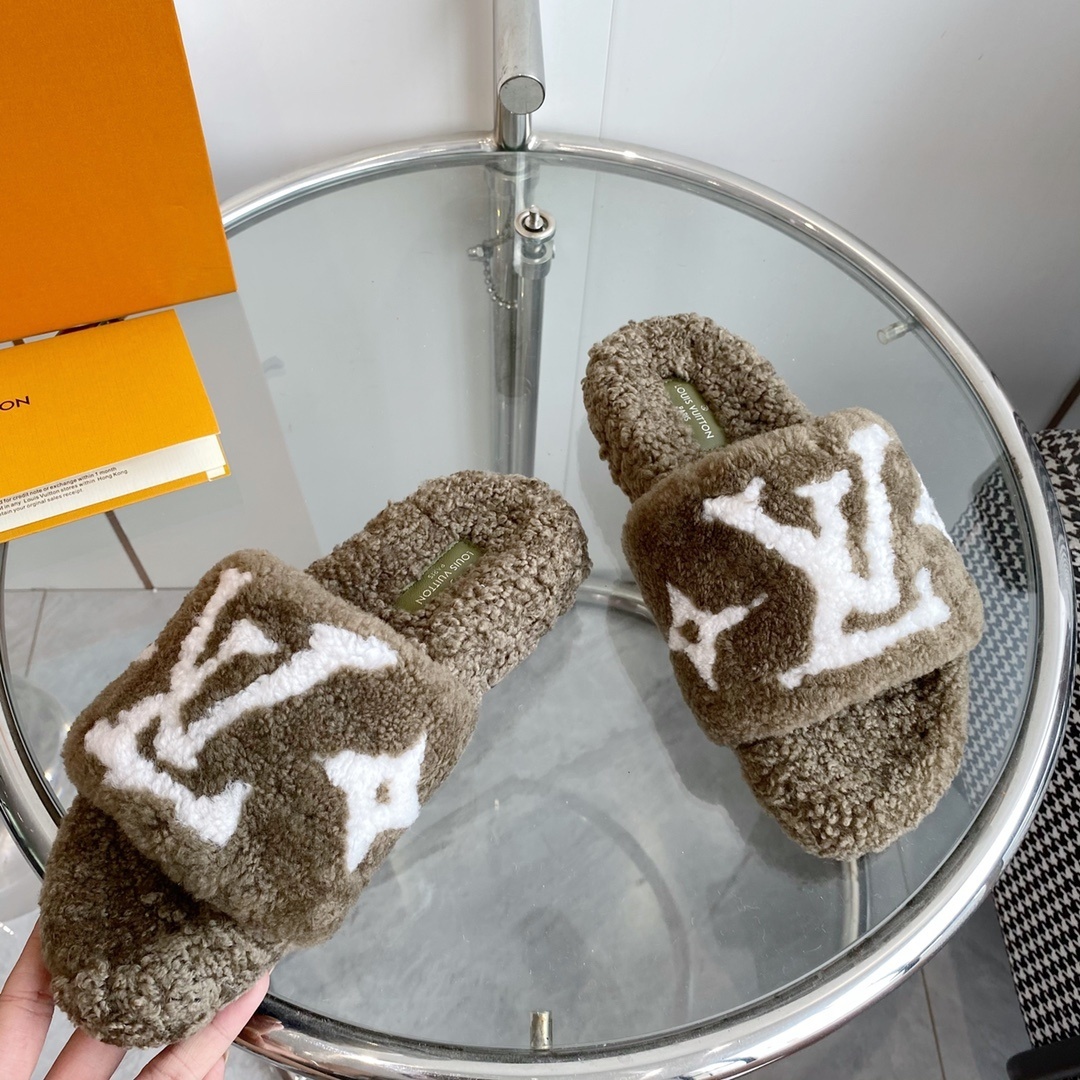 Louis Vuitton Brown Shearling Monogram Slides - Luxury Comfort Mules