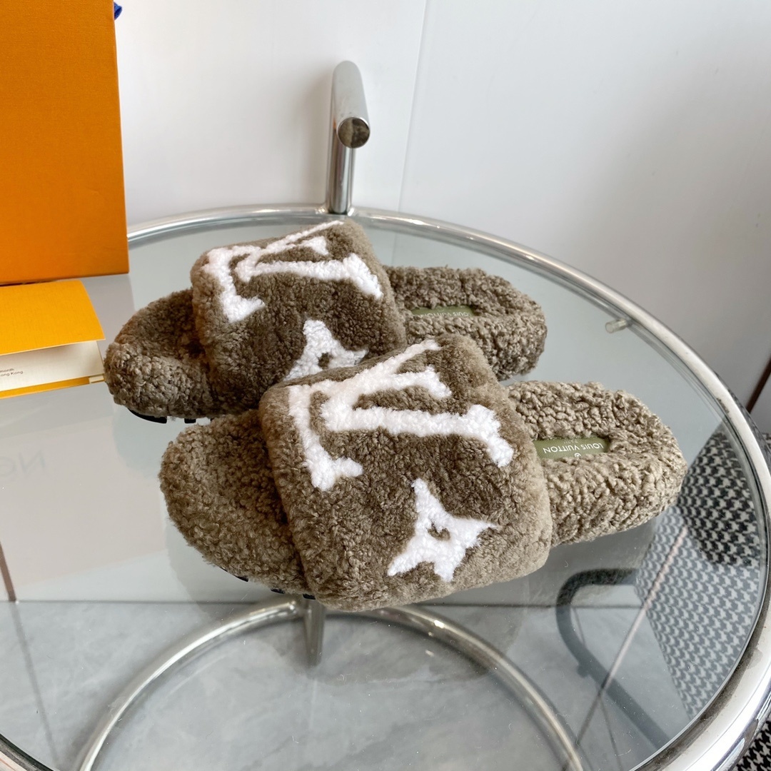 Louis Vuitton Brown Shearling Monogram Slides - Luxury Comfort Mules
