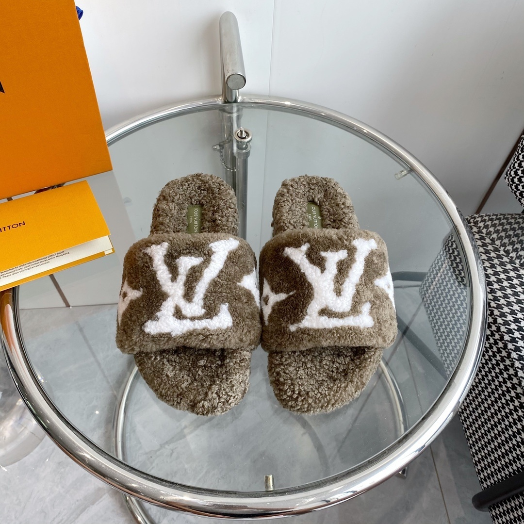 Louis Vuitton Brown Shearling Monogram Slides – Luxury Comfort Mules