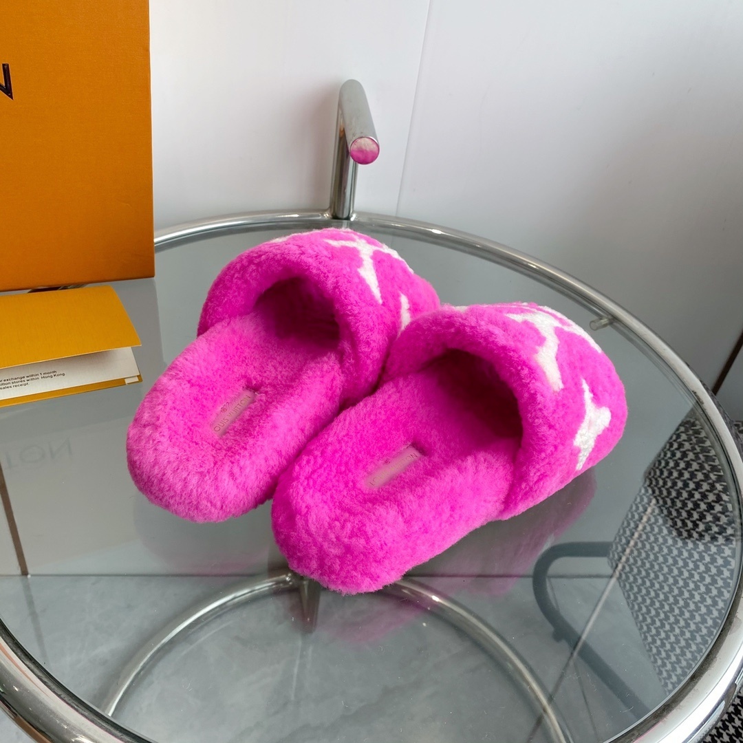 Louis Vuitton Pink Shearling Slides - LV Monogram Luxury Sandals