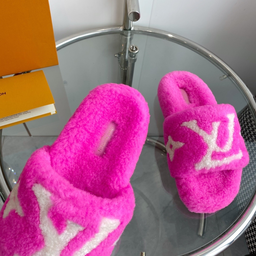 Louis Vuitton Pink Shearling Slides - LV Monogram Luxury Sandals