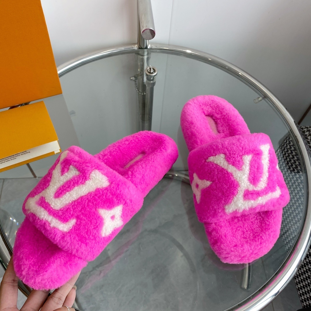 Louis Vuitton Pink Shearling Slides - LV Monogram Luxury Sandals