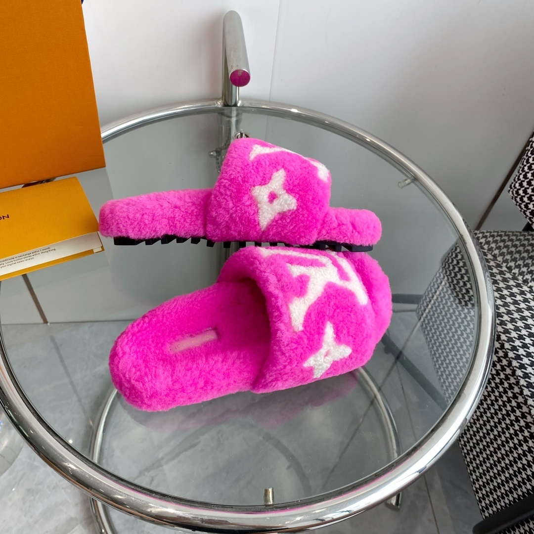 Louis Vuitton Pink Shearling Slides - LV Monogram Luxury Sandals