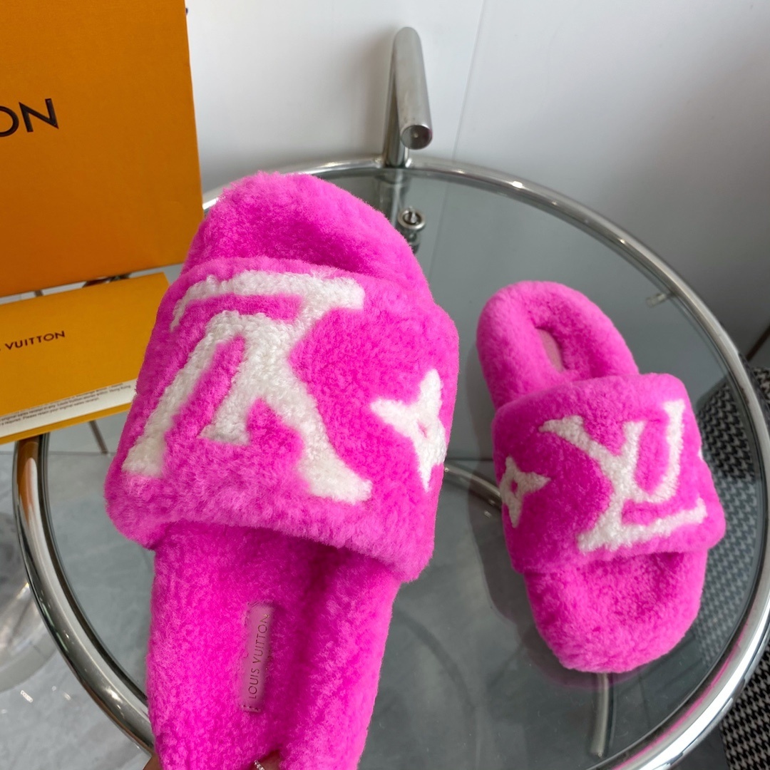 Louis Vuitton Pink Shearling Slides - LV Monogram Luxury Sandals
