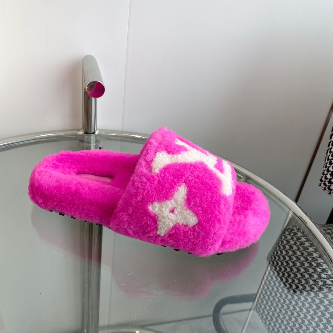 Louis Vuitton Pink Shearling Slides - LV Monogram Luxury Sandals