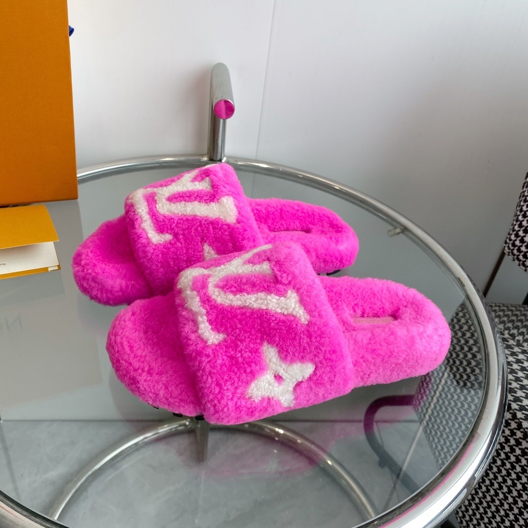 Louis Vuitton Pink Shearling Slides - LV Monogram Luxury Sandals