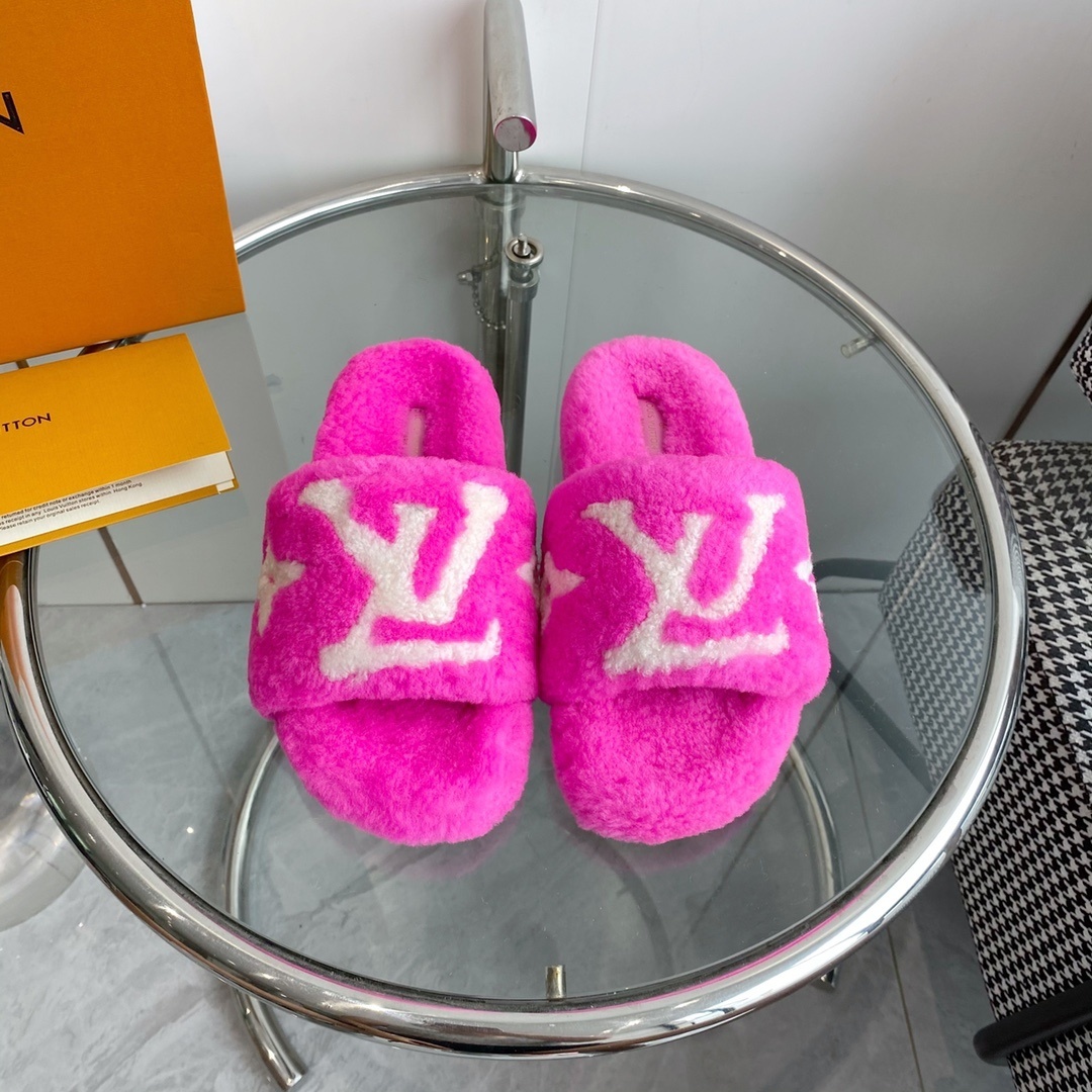 Louis Vuitton Pink Shearling Slides – LV Monogram Luxury Sandals