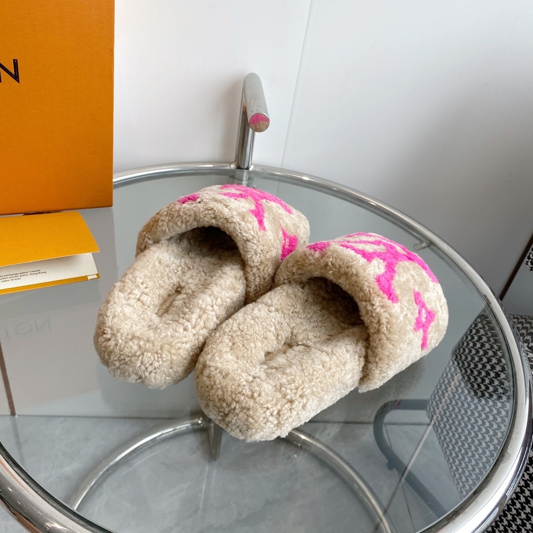Louis Vuitton Pink Monogram Shearling Slides - Luxury Cozy Mules
