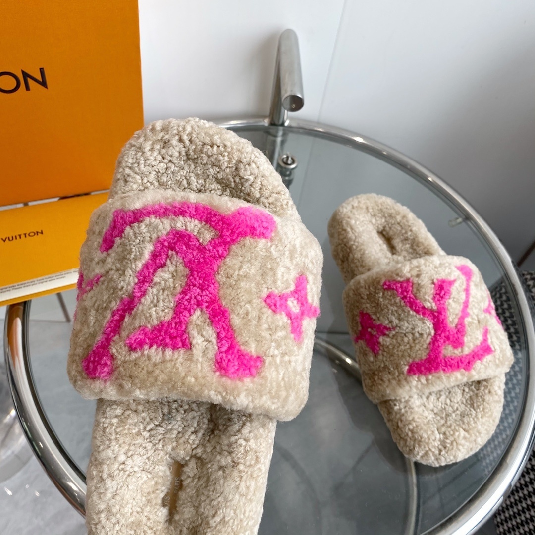 Louis Vuitton Pink Monogram Shearling Slides - Luxury Cozy Mules
